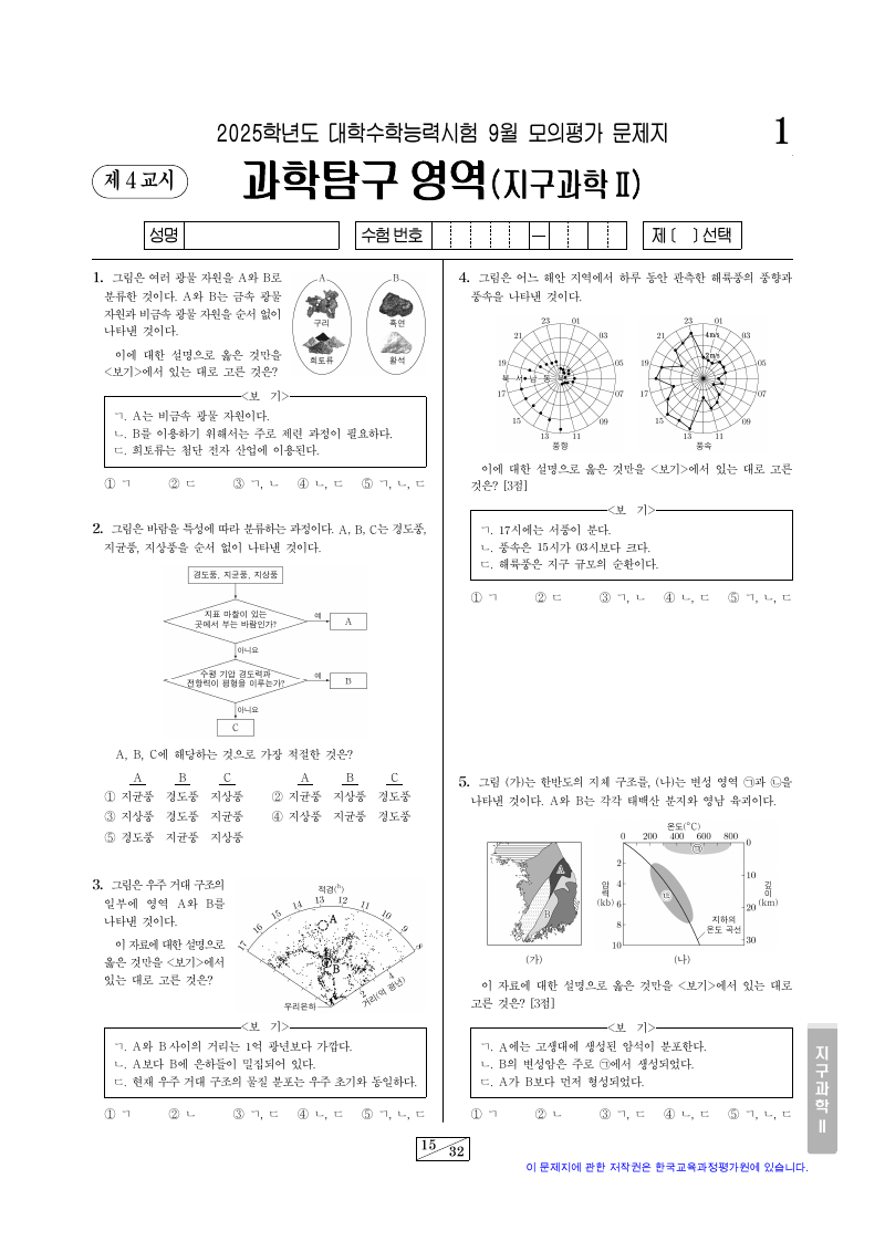 2025학년도 9월 모의평가 지구과학2 시험지 첫 페이지