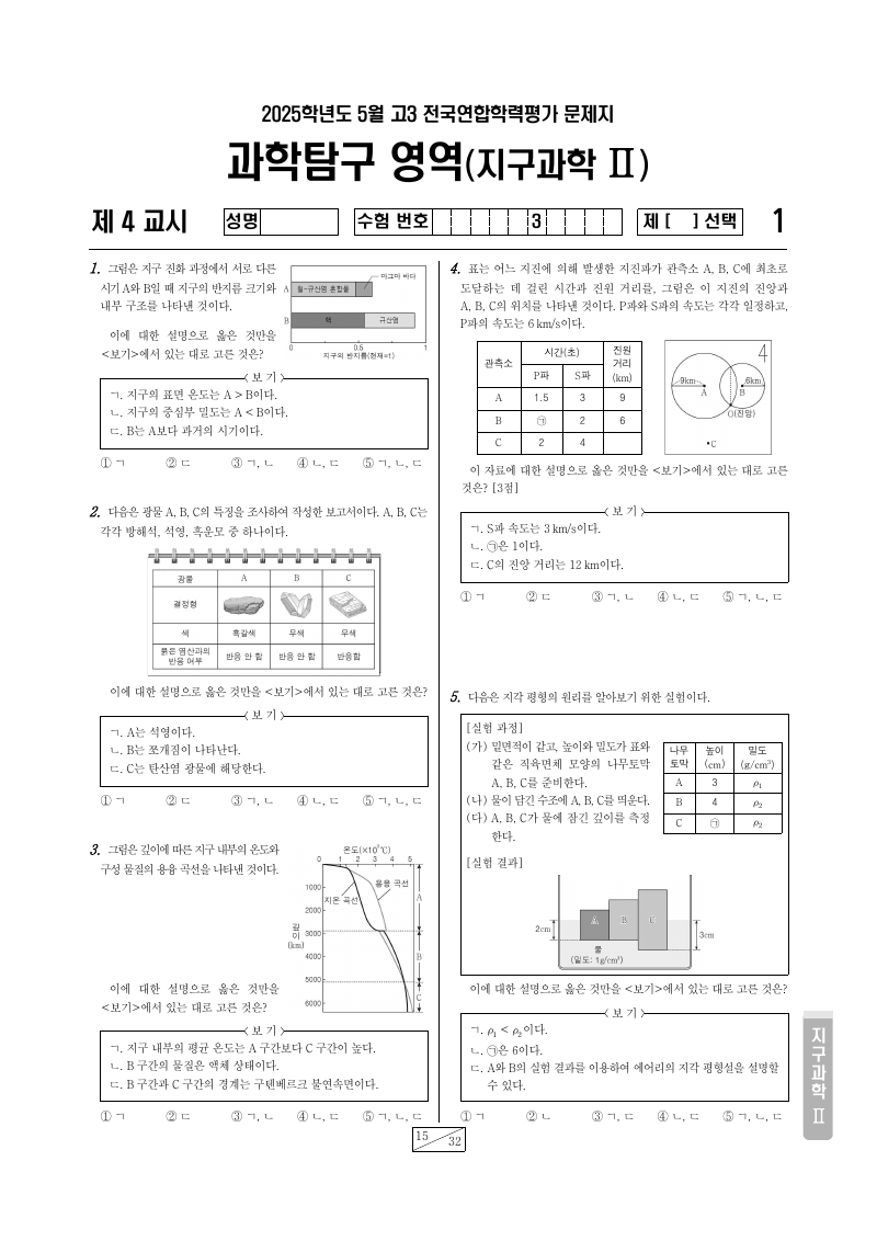 2025년 5월 고3 학력평가 지구과학2 시험지 첫 페이지