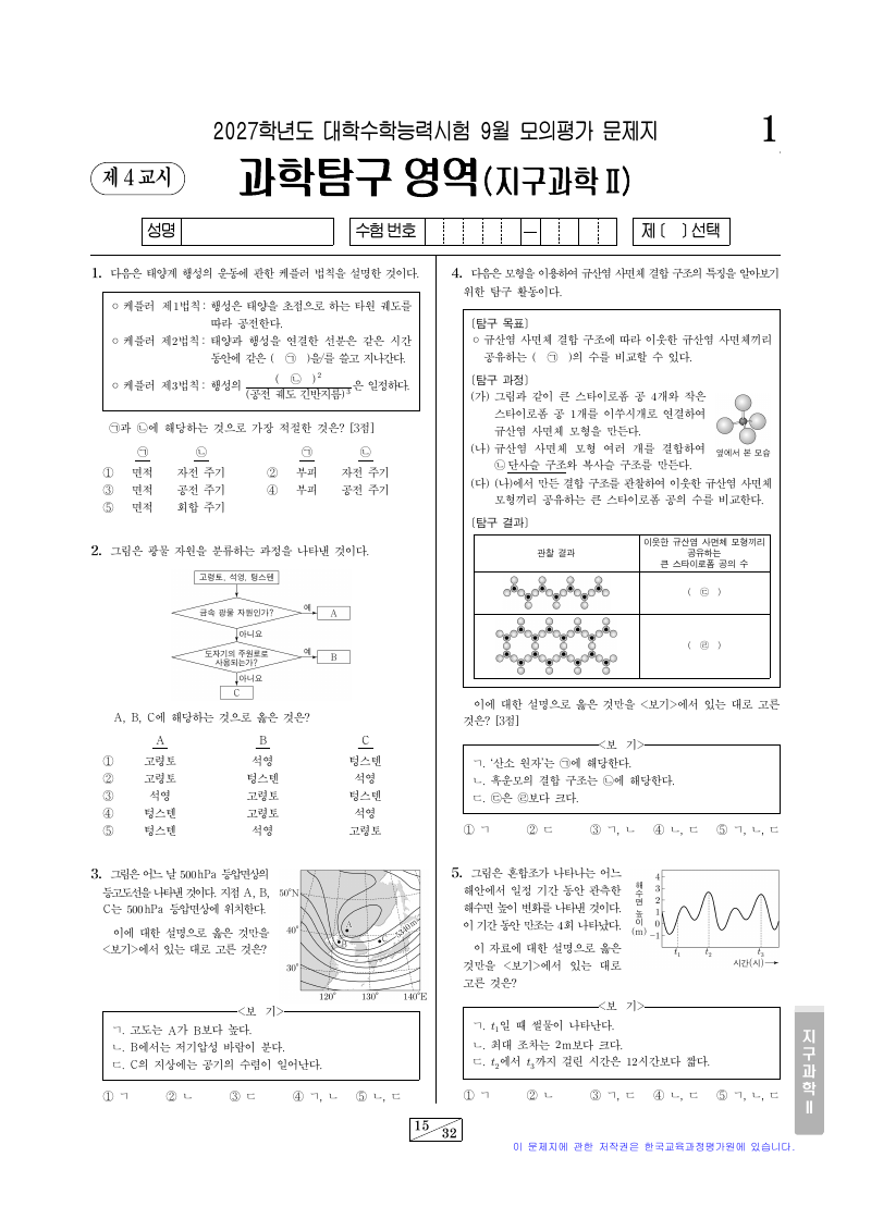 2027학년도 9월 모의평가 지구과학2 시험지 첫 페이지