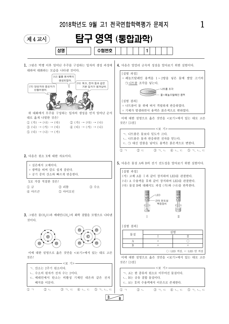 2018년 9월 고1 학력평가 통합과학 시험지 첫 페이지