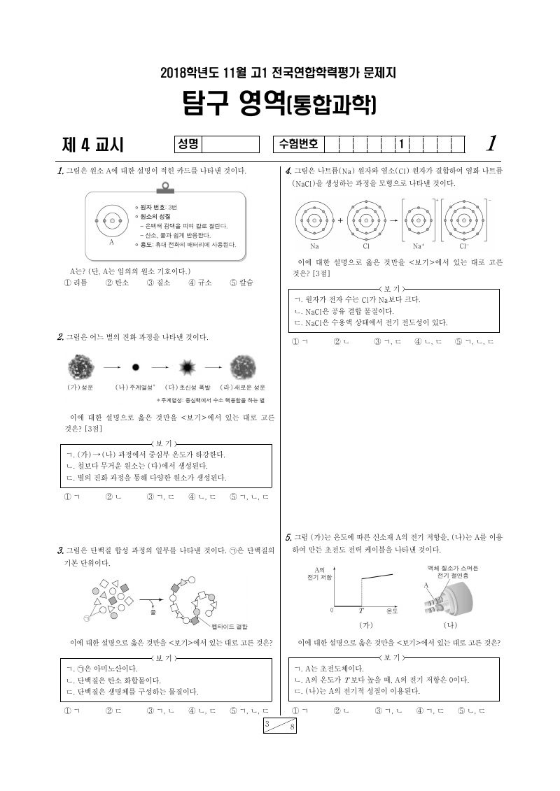 2018년 11월 고1 학력평가 통합과학 시험지 첫 페이지