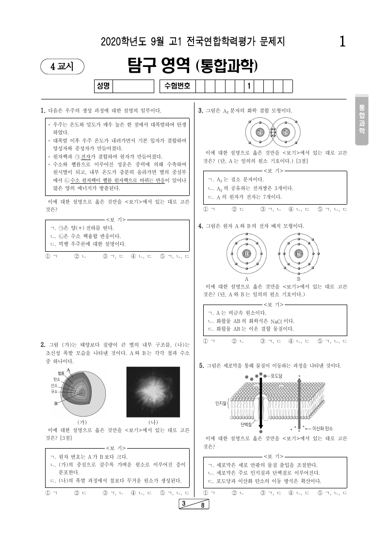 2020년 9월 고1 학력평가 통합과학 시험지 첫 페이지