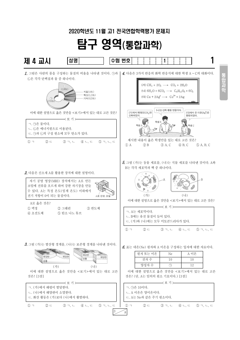 2020년 11월 고1 학력평가 통합과학 시험지 첫 페이지