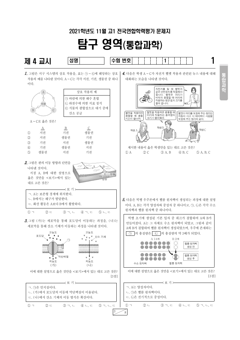 2021년 11월 고1 학력평가 통합과학 시험지 첫 페이지