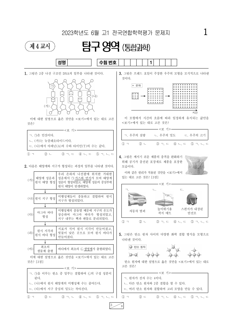 2023년 6월 고1 학력평가 통합과학 시험지 첫 페이지
