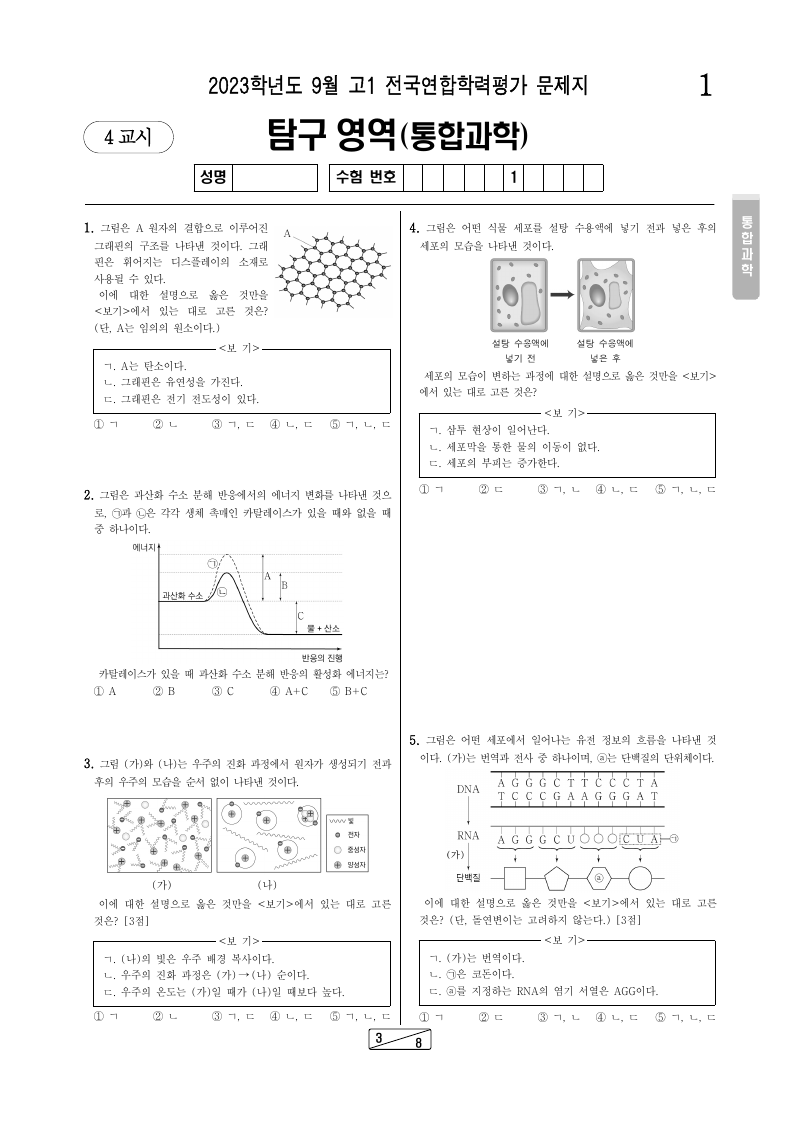 2023년 9월 고1 학력평가 통합과학 시험지 첫 페이지