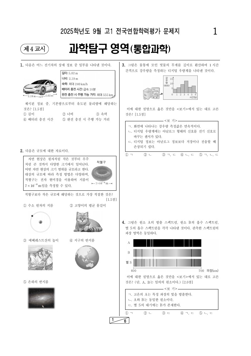 2025년 9월 고1 학력평가 통합과학 시험지 첫 페이지