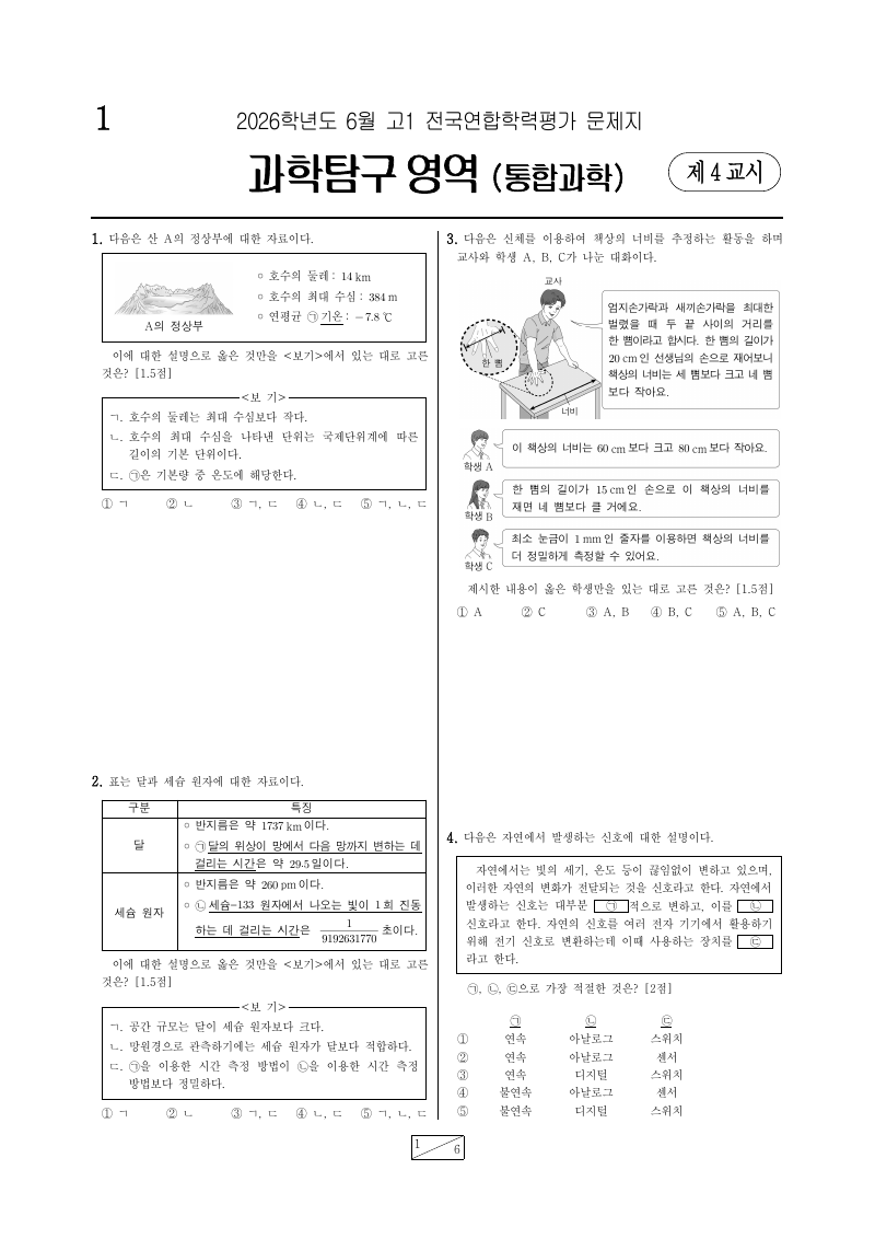2026년 6월 고1 학력평가 통합과학 시험지 첫 페이지
