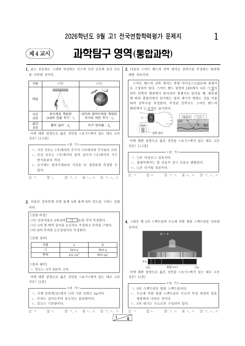 2026년 9월 고1 학력평가 통합과학 시험지 첫 페이지