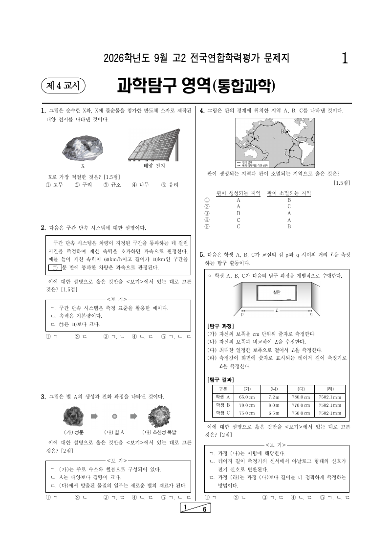 2026년 9월 고2 학력평가 통합과학 시험지 첫 페이지
