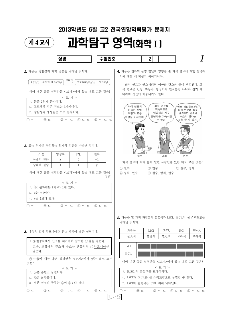 2013년 6월 고2 학력평가 화학1 시험지 첫 페이지