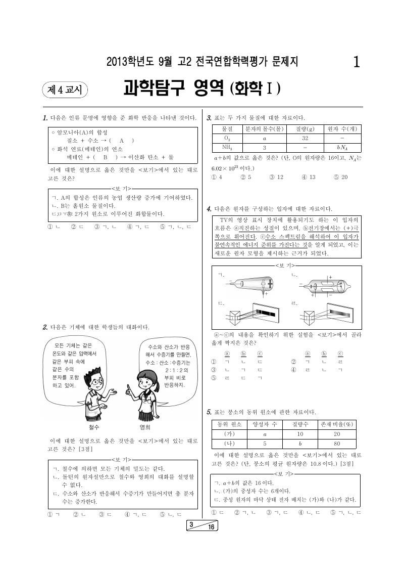 2013년 9월 고2 학력평가 화학1 시험지 첫 페이지