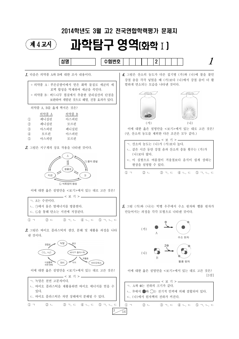 2014년 3월 고2 학력평가 화학1 시험지 첫 페이지