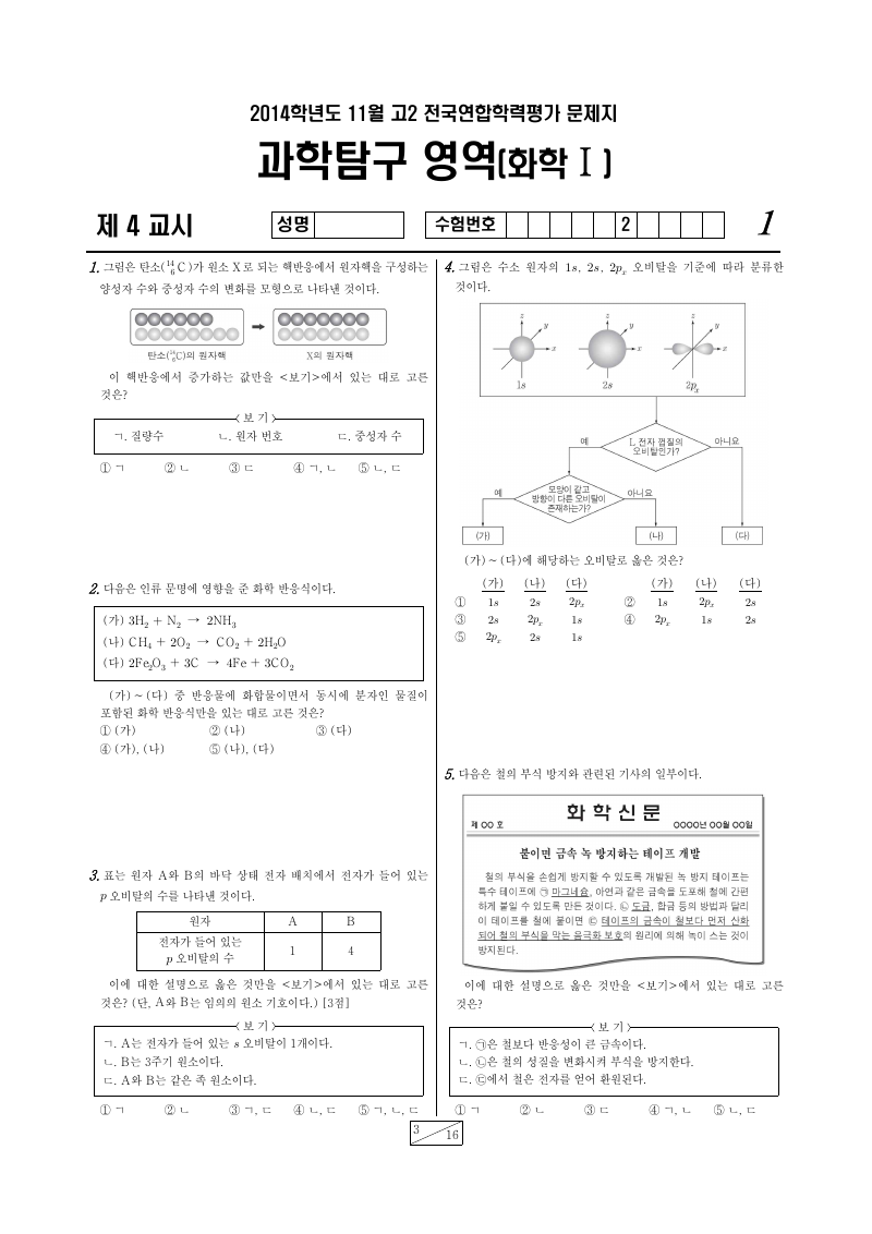 2014년 11월 고2 학력평가 화학1 시험지 첫 페이지