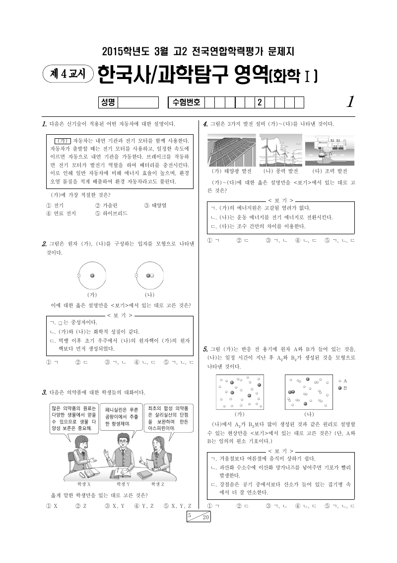 2015년 3월 고2 학력평가 화학1 시험지 첫 페이지