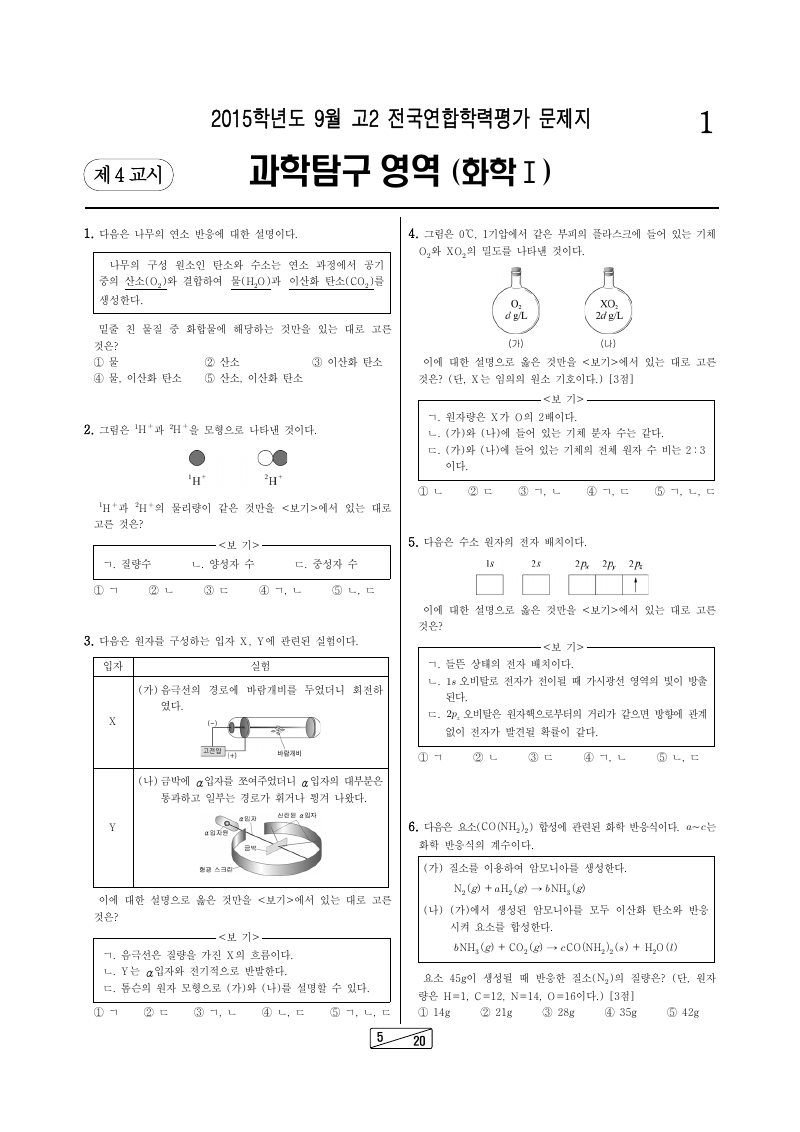 2015년 9월 고2 학력평가 화학1 시험지 첫 페이지