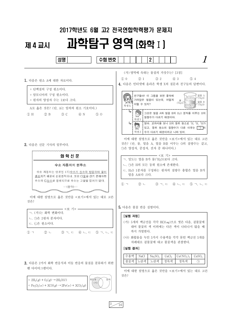 2017년 6월 고2 학력평가 화학1 시험지 첫 페이지