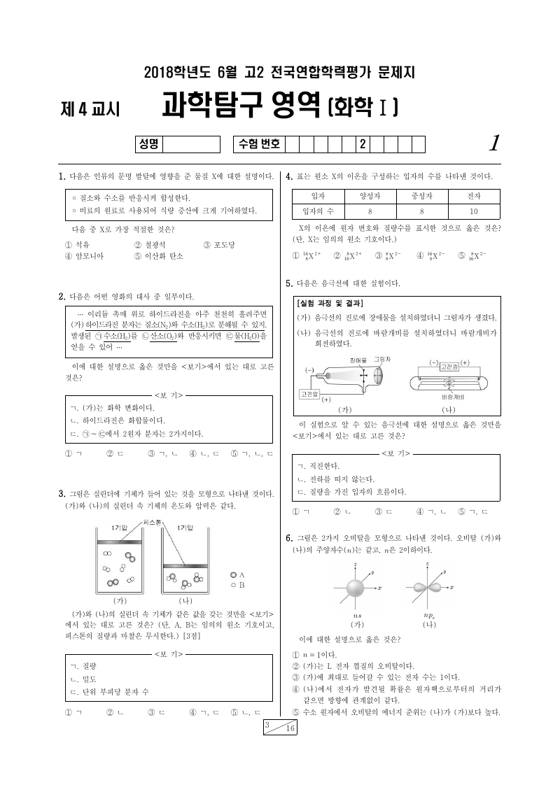 2018년 6월 고2 학력평가 화학1 시험지 첫 페이지
