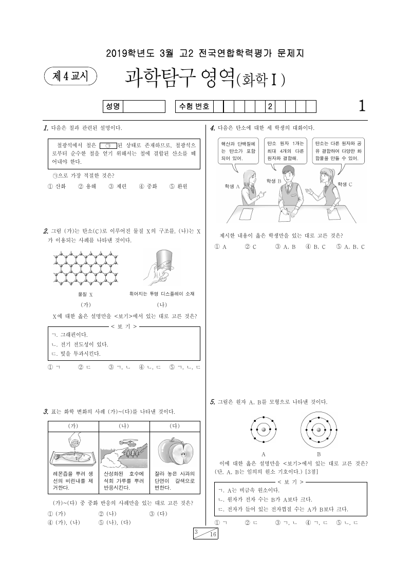 2019년 3월 고2 학력평가 화학1 시험지 첫 페이지