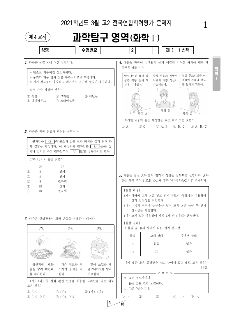 2021년 3월 고2 학력평가 화학1 시험지 첫 페이지