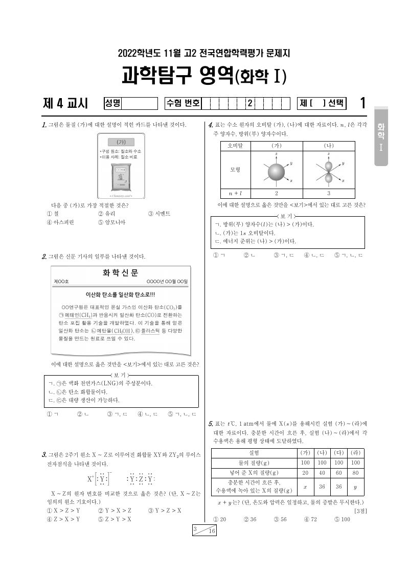 2022년 11월 고2 학력평가 화학1 시험지 첫 페이지