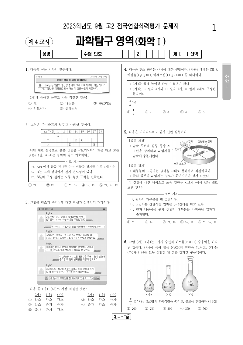 2023년 9월 고2 학력평가 화학1 시험지 첫 페이지