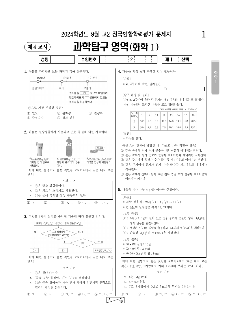 2024년 9월 고2 학력평가 화학1 시험지 첫 페이지