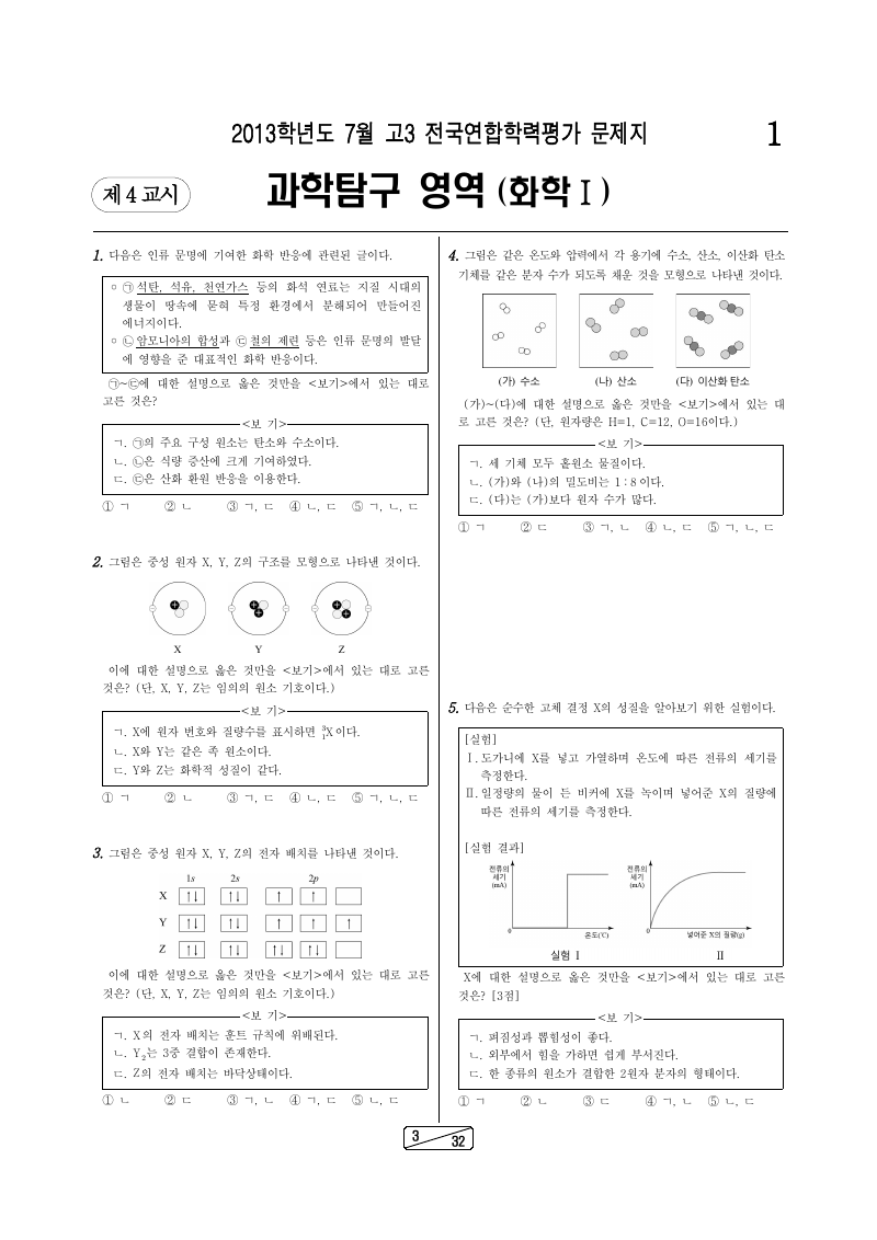 2013년 7월 고3 학력평가 화학1 시험지 첫 페이지
