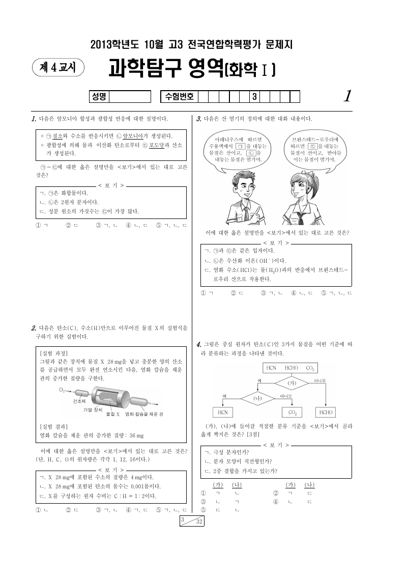 2013년 10월 고3 학력평가 화학1 시험지 첫 페이지