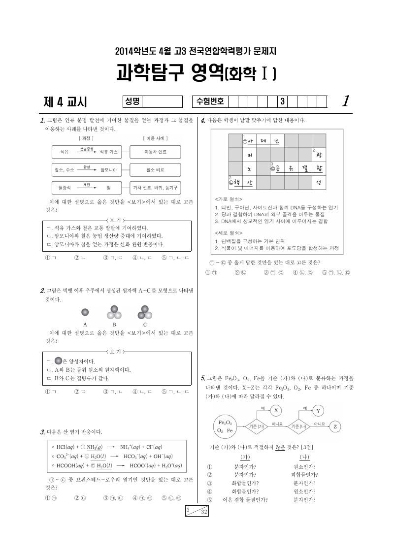 2014년 4월 고3 학력평가 화학1 시험지 첫 페이지
