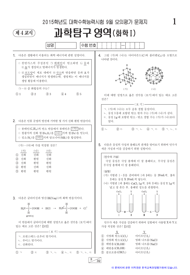 2015학년도 9월 모의평가 화학1 시험지 첫 페이지