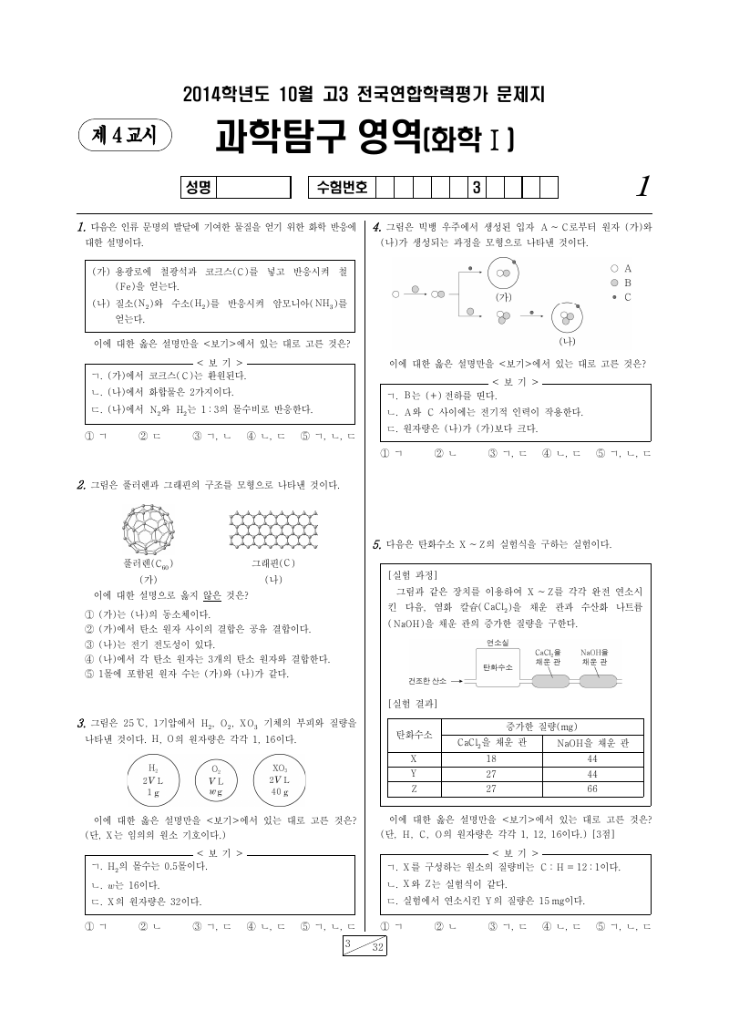 2014년 10월 고3 학력평가 화학1 시험지 첫 페이지