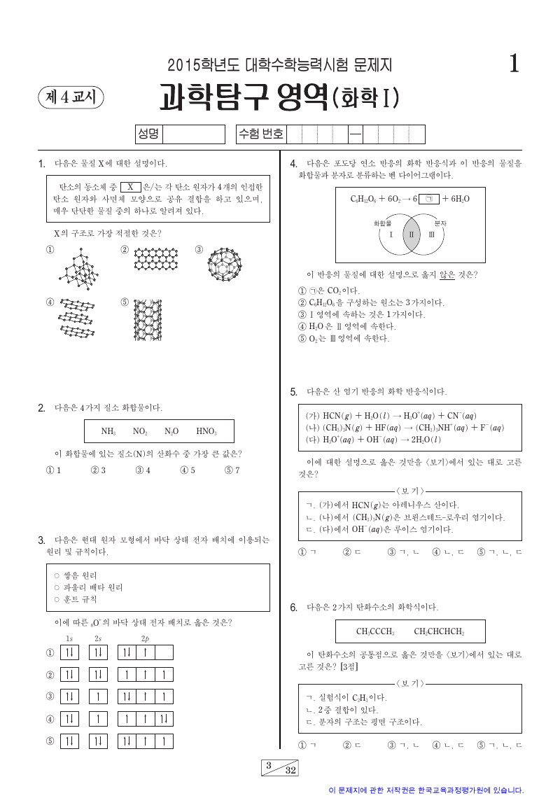 2015학년도 대학수학능력시험 화학1 시험지 첫 페이지