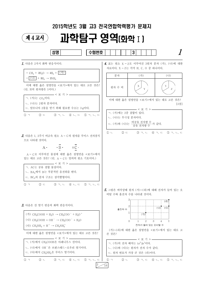 2015년 3월 고3 학력평가 화학1 시험지 첫 페이지
