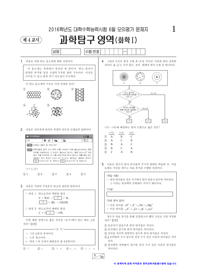 2016학년도 6월 모의평가 화학1 시험지 첫 페이지