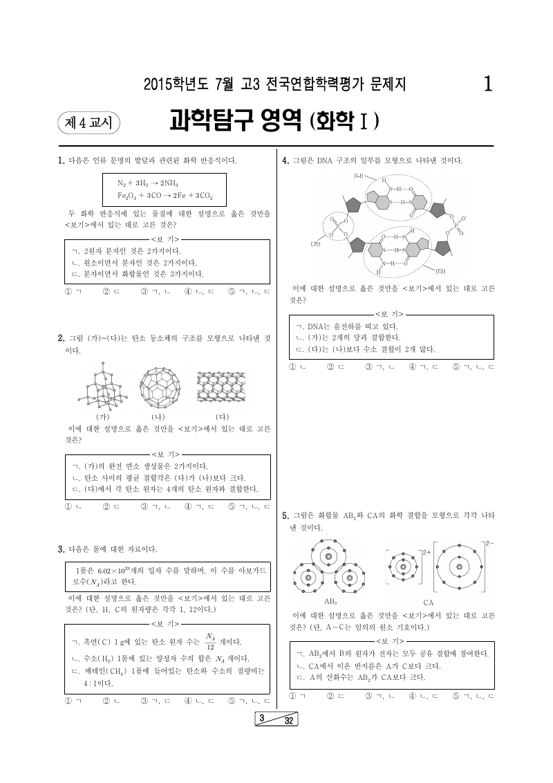 2015년 7월 고3 학력평가 화학1 시험지 첫 페이지