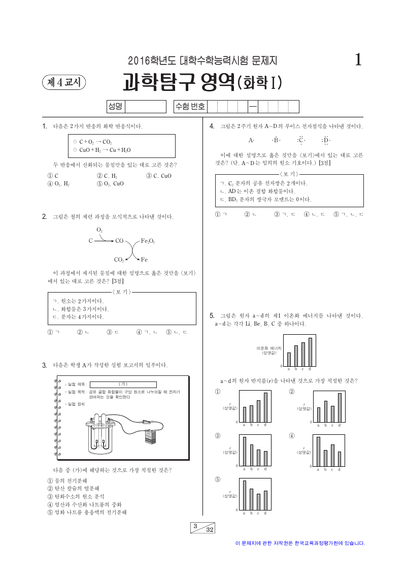2016학년도 대학수학능력시험 화학1 시험지 첫 페이지