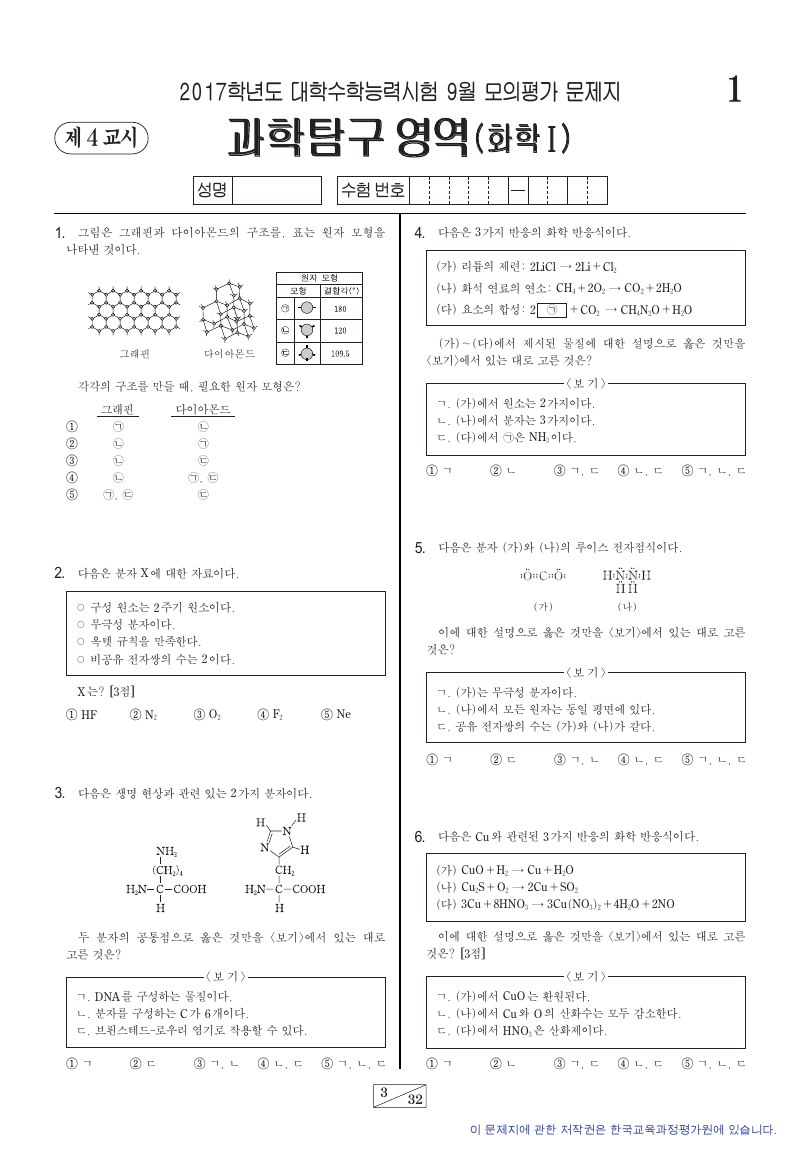 2017학년도 9월 모의평가 화학1 시험지 첫 페이지