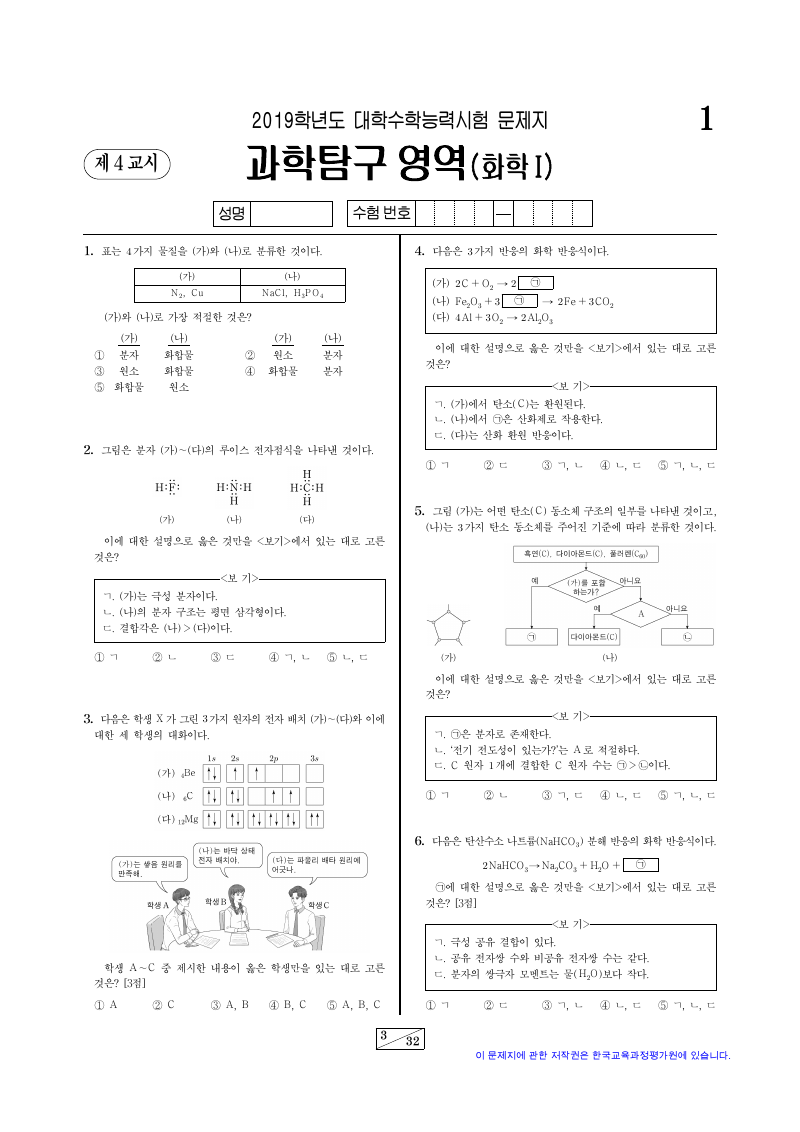 2019학년도 대학수학능력시험 화학1 시험지 첫 페이지