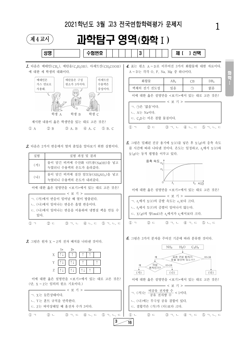 2021년 3월 고3 학력평가 화학1 시험지 첫 페이지