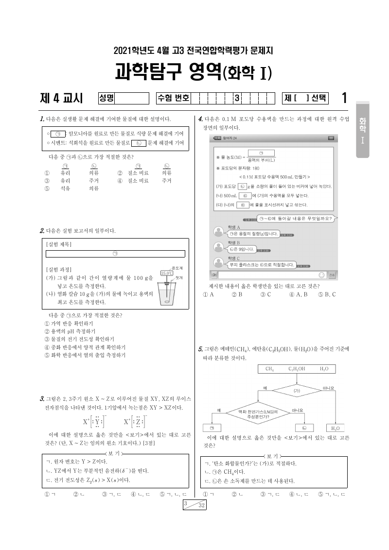 2021년 4월 고3 학력평가 화학1 시험지 첫 페이지