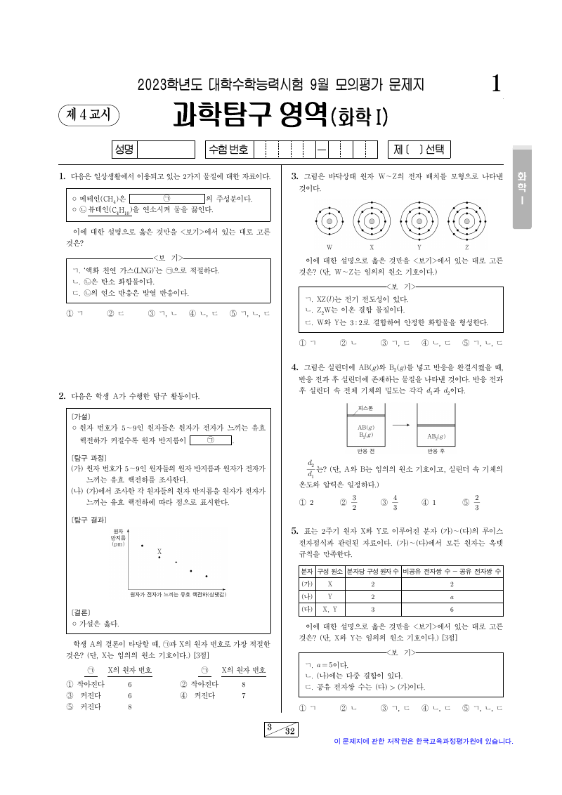 2023학년도 9월 모의평가 화학1 시험지 첫 페이지
