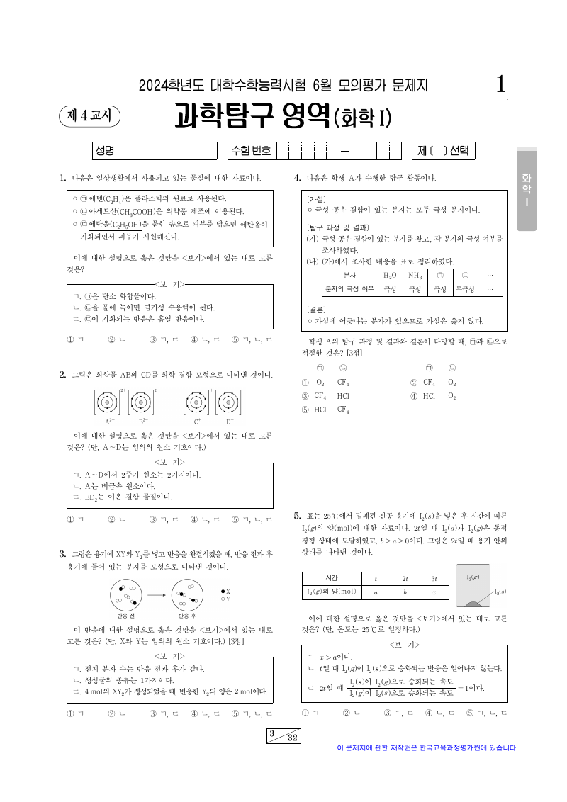 2024학년도 6월 모의평가 화학1 시험지 첫 페이지