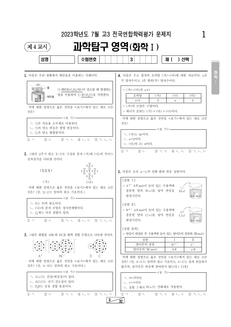 2023년 7월 고3 학력평가 화학1 시험지 첫 페이지