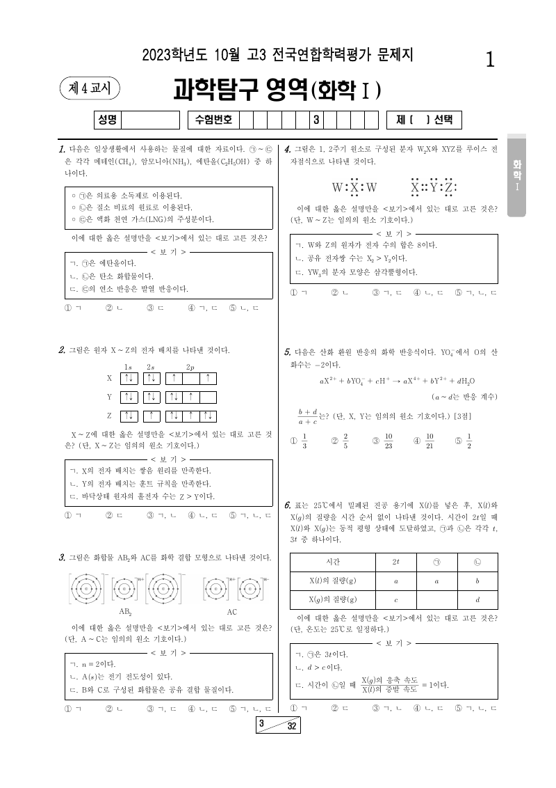 2023년 10월 고3 학력평가 화학1 시험지 첫 페이지