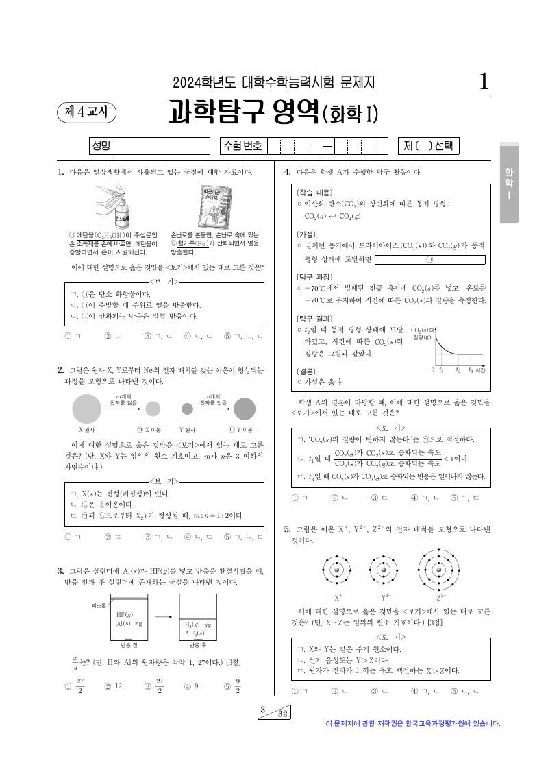 2024학년도 대학수학능력시험 화학1 시험지 첫 페이지