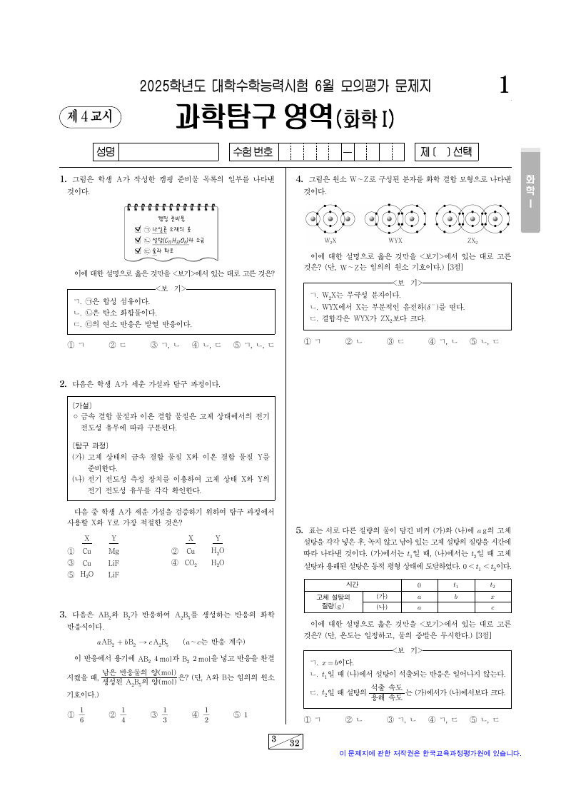 2025학년도 6월 모의평가 화학1 시험지 첫 페이지
