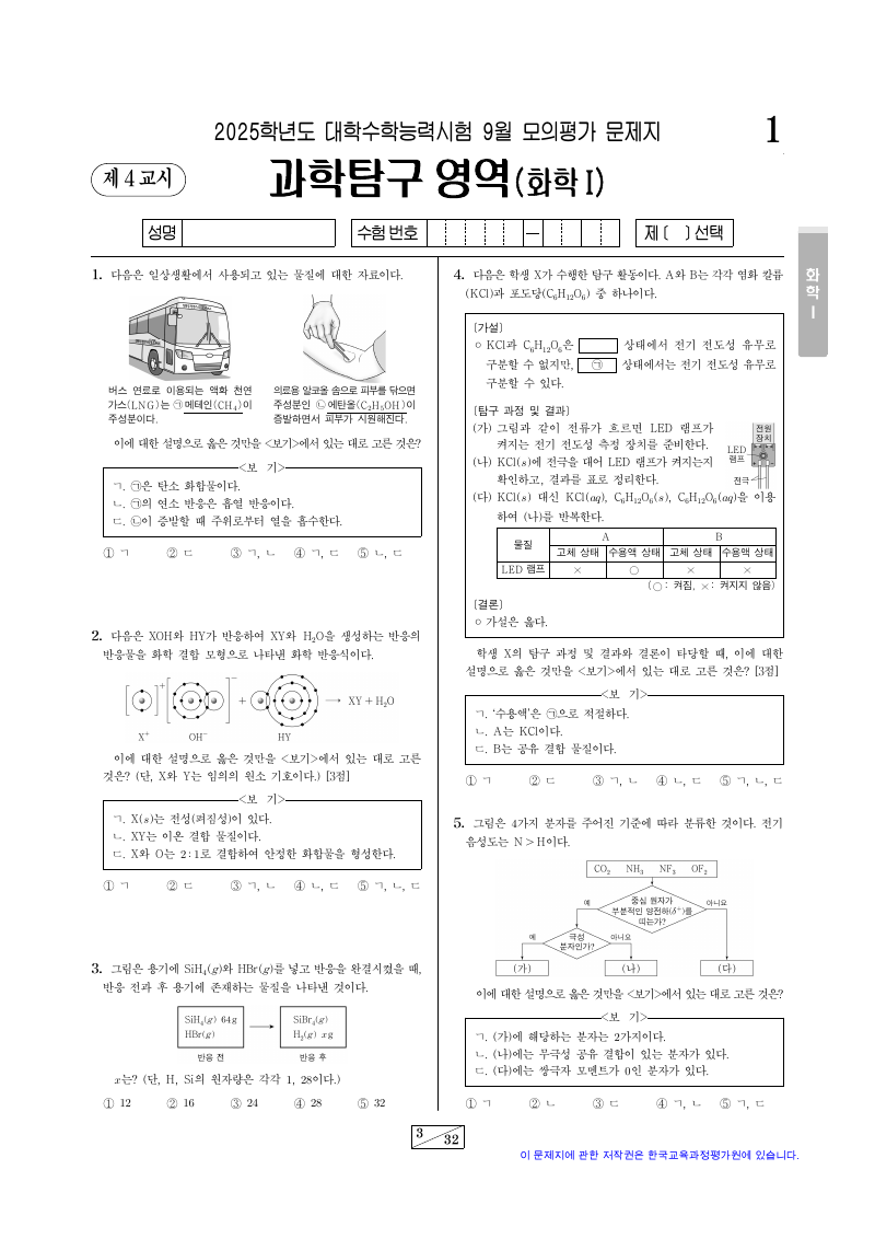 2025학년도 9월 모의평가 화학1 시험지 첫 페이지