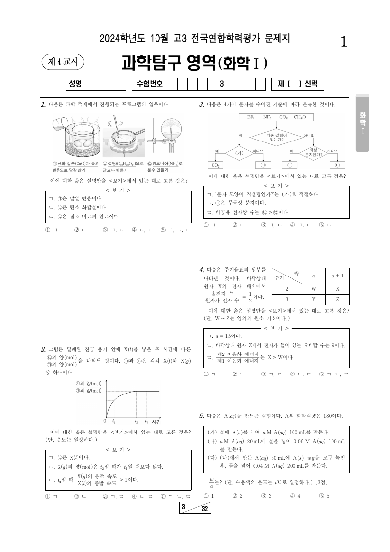 2024년 10월 고3 학력평가 화학1 시험지 첫 페이지