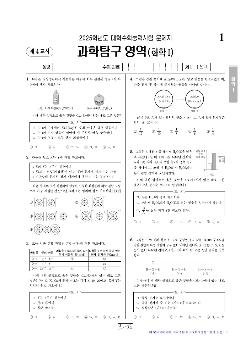 2025학년도 대학수학능력시험 화학1 시험지 첫 페이지